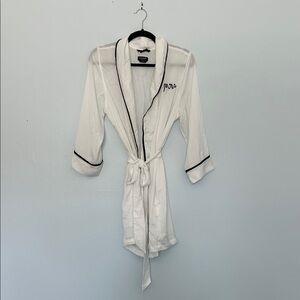 kate spade ‘Mrs’ White Satin Robe with Black Piping